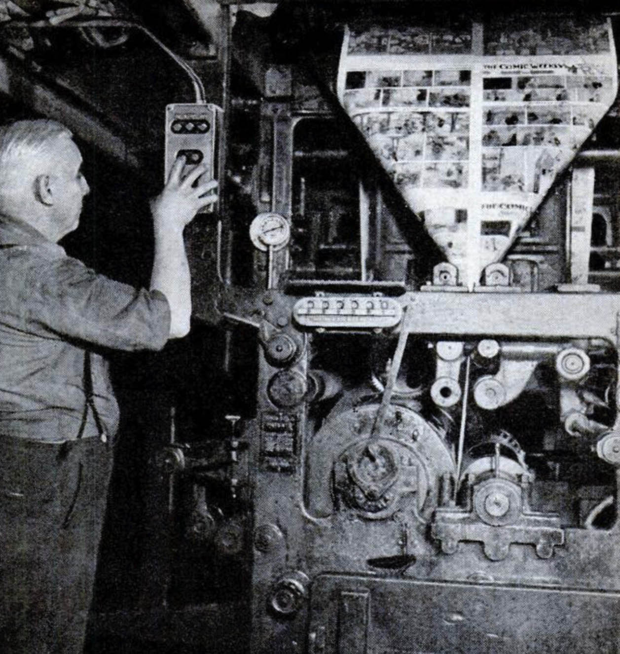 A press operator starts up the printing press to run the comics pages. (“Making of a Funny,”, p. 88.)